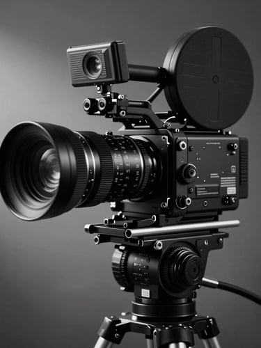 Editorial black and white portrait of a high-end cinema camera rigged with anamorphic lens and follow-focus, low-key dramatic chiaroscuro lighting, studio setting with soft haze.
