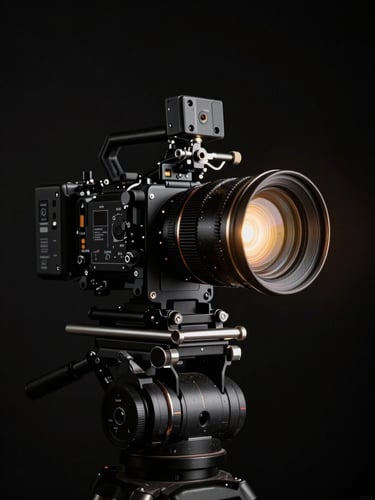 Low-key dramatic chiaroscuro studio lighting on a high-end cinema camera rig, golden light catching the edge of the anamorphic lens, deep black background.