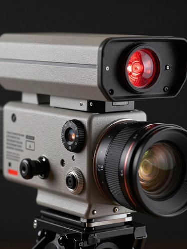 Close-up of a high-end broadcast camera lens, red tally light glowing, technical dials in sharp focus, dark studio background, cinematic lighting