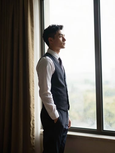 A dramatic editorial portrait of a groom standing by a tall window, high-contrast side lighting, dust motes visible in the gold light beam.