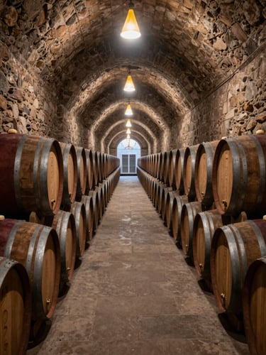 Interior of the Concha y Toro historic cellar in Pirque, wide shot looking down a long barrel corridor, rows of dark oak barrels stacked four high on each side, single warm pendant light at the far end casting a golden cone, stone walls, no people, midday clarity filtering through a distant ventilation arch
