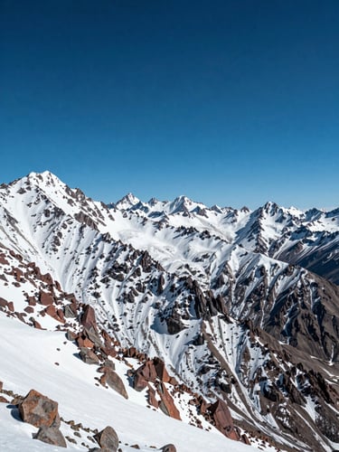 Wide panoramic Andean ridgeline at midday, snow-dusted peaks stretching left to right across the frame, deep cobalt sky above, ochre and grey rock faces in the lower third, no people visible, high-altitude clarity, sharp shadows on snow