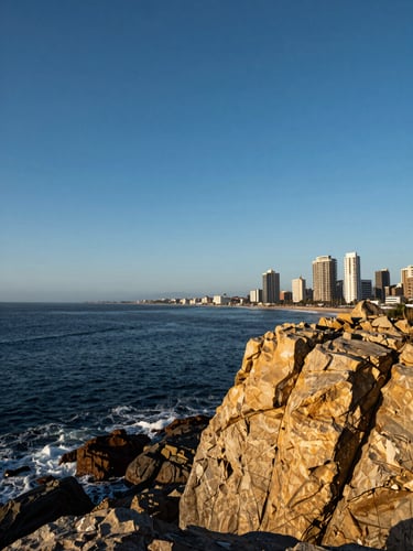 Wide panoramic view from a rocky coastal promontory at Viña del Mar, Pacific Ocean stretching to the left horizon under a deep blue midday sky, golden rock face in the foreground right third, no people, sharp high-contrast Chilean coastal light