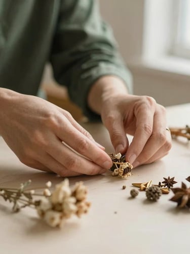 Portrait shot of hands gently arranging dried botanicals in a warm, softly lit studio, focus on texture and quiet concentration, shallow depth of field.