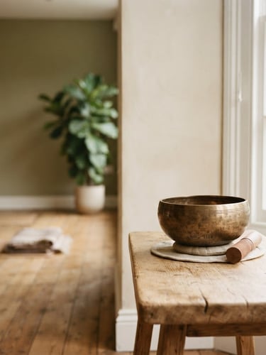 Serene, softly lit wellness studio interior, warm ambient glow, a single sound bowl on a wooden table to the right, expansive negative space to the left.