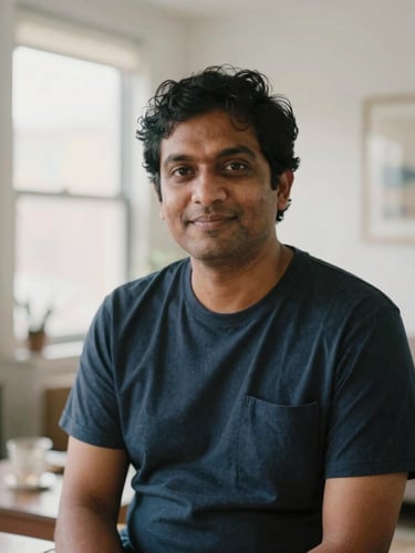 A thoughtful environmental portrait of a South Asian writer in a sunlit Brooklyn apartment, soft morning light, 35mm lens, natural depth of field