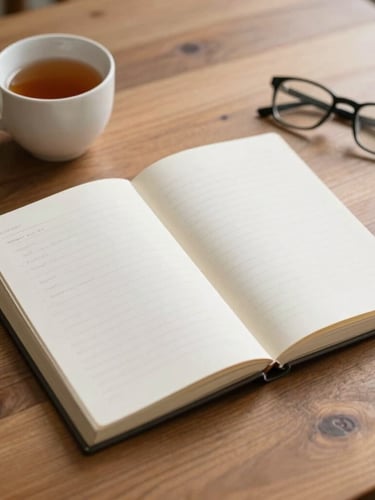 Soft morning daylight shining on a wooden table with a printed journal, a ceramic cup of tea, and a pair of glasses, realistic editorial photography, 35mm lens