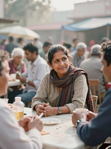 A candid, warm environmental photograph of South Asian community members talking at an outdoor market table, soft morning daylight, natural documentary style, 35mm lens.