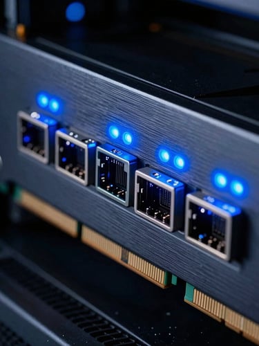 Extreme close-up macro shot of Nvidia GPU accelerator ports, glowing electric-blue indicator lights, brushed obsidian metal chassis, moody studio lighting