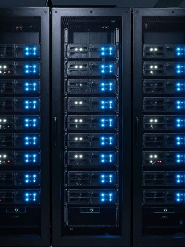 Symmetrical wide-angle shot of high-density server racks in a dark Singapore data center, glowing neon blue and cool white status LEDs, brushed metal textures, 35mm photography
