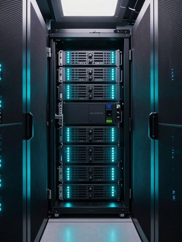 Symmetrical wide-angle shot of a dark server room corridor in Singapore, glowing neon-cyan LED indicators on rack-mounted hardware, cool white accent lighting reflecting off brushed metal surfaces, 35mm