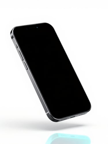 Minimalist 3D render of a sleek floating smartphone, bright high-key studio lighting, clean white background, subtle neon cyan reflections, sharp focus, octane render