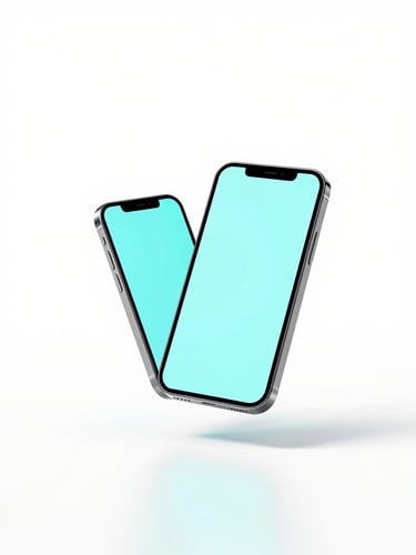minimalist 3d render, bright high-key studio lighting, clean white background, subtle cyan reflections, sharp focus, octane render of a floating futuristic smartphone and tablet displaying glowing screens