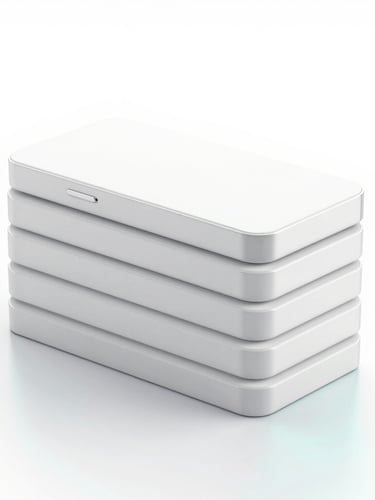 minimalist 3d render of stacked sleek smartphone boxes, bright high-key studio lighting, clean white background, subtle cyan reflections, octane render