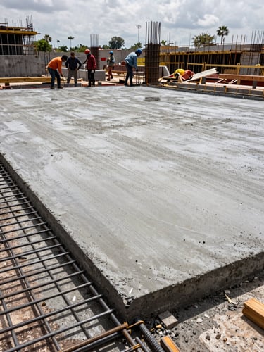 Wide shot of an active construction site in Mexico, freshly poured concrete slab in the foreground with steel rebar mesh visible, workers in the background setting formwork, overcast daylight revealing material texture and structural precision