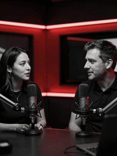 Moody black and white shot of two hosts talking in a professional radio studio, microphones in foreground, dramatic red neon lighting, high contrast