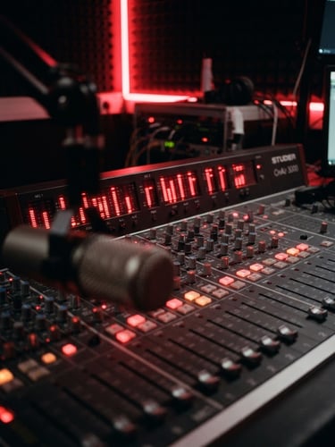 Close-up of a professional radio mixing console with glowing red LED meters, a high-end studio microphone in soft focus foreground, moody dark background with crimson neon ambient light, 35mm