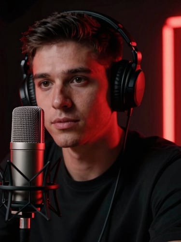 Medium shot of a professional radio host with a high-end microphone in the foreground, moody studio background with dramatic red neon lighting, high contrast, 35mm
