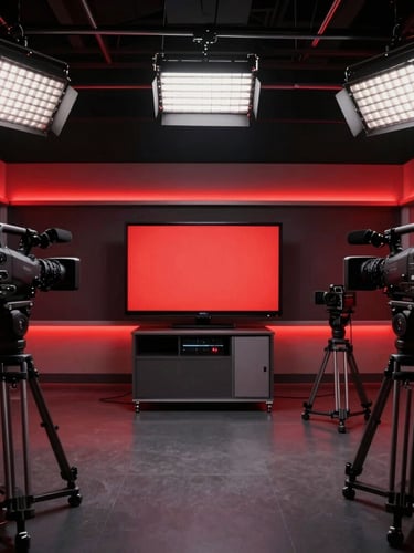 Wide shot of a modern television and radio studio with multiple video cameras on tripods, professional lighting grids on the ceiling, glowing red neon accent walls, 35mm