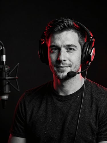 Moody black and white portrait of a male radio host with headphones, dramatic red neon edge lighting, professional studio background, high contrast