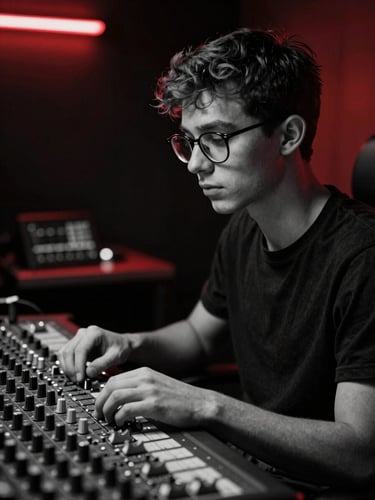 Moody black and white portrait of a young host with glasses looking at a mixing console, dramatic red neon lighting, high contrast