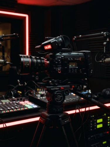 Moody studio broadcast camera with red neon accent lighting, high contrast, deep blacks, professional radio gear, 35mm
