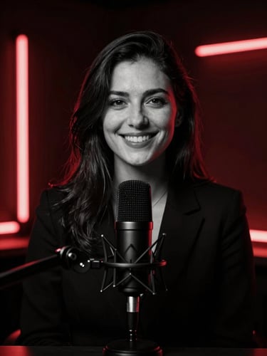 Moody black and white portrait of a female host smiling behind a broadcast microphone, dramatic red neon backlight, high contrast