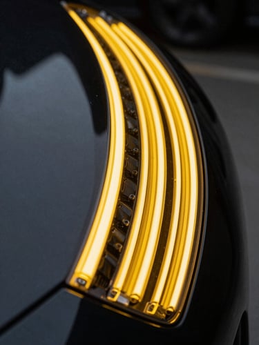 Extreme close-up of a high-contrast PDR LED line-board reflecting perfectly parallel yellow lines over a flawless black car panel curve, dark background, technical precision.