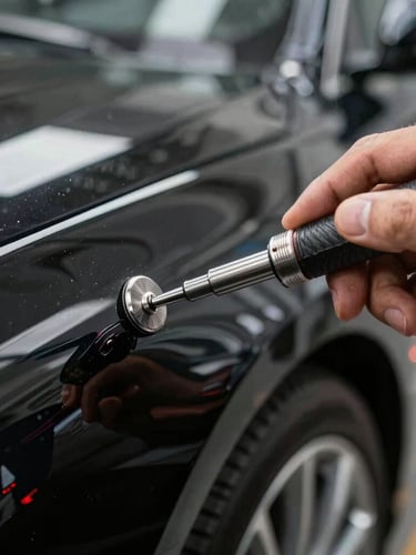 Extreme close-up of a master technician's hand holding a highly polished steel PDR tool, adjusting the back of a luxury car panel under sharp LED line reflections.