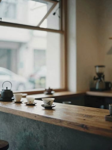 A quiet, desaturated environmental photograph of a local tea shop counter, soft natural overcast daylight filtering through a window, subtle film grain, minimalist aesthetic