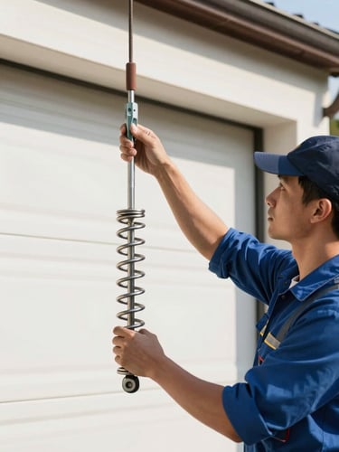 Professional garage door technician in safety gear adjusting a heavy steel spring with winding bars, sharp mechanical focus, bright daylight, 35mm