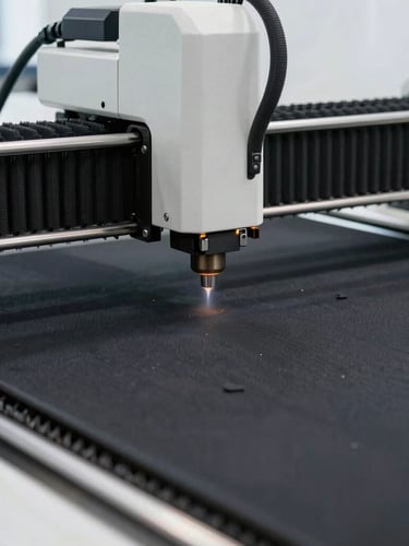 Close-up of a laser cutting machine precisely cutting a dark automotive mat, clean industrial setting, high detail, soft natural daylight