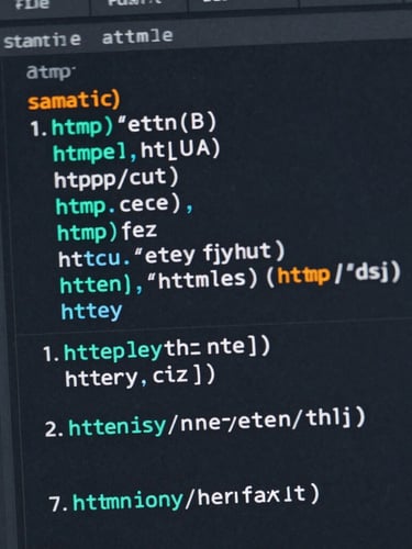 Macro shot of clean code editor displaying semantic HTML structure, cool studio lighting, deep slate tones, electric teal highlights, sharp focus