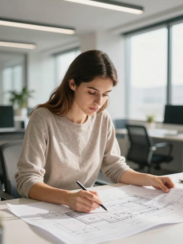 Rebecca Robla reviewing architectural blueprints in a modern office, focused, natural daylight, soft corporate tones, 35mm
