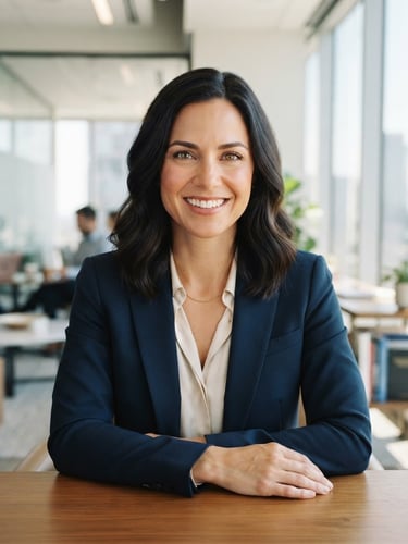 Professional portrait of Rebecca Robla in a modern, bright office, smiling confidently, natural daylight, 35mm