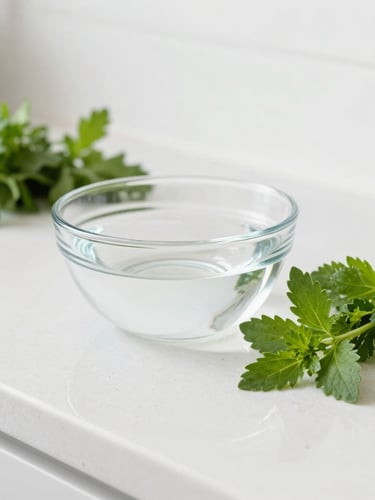 Bright high-key kitchen countertop with fresh herbs and a clean glass bowl of water, soft natural light, 50mm lens