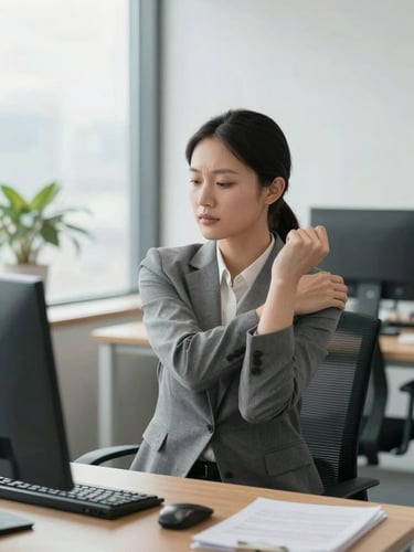 A professional corporate employee sitting upright at a modern desk, practicing a guided shoulder stretch with a calm, focused expression, bright natural office lighting.