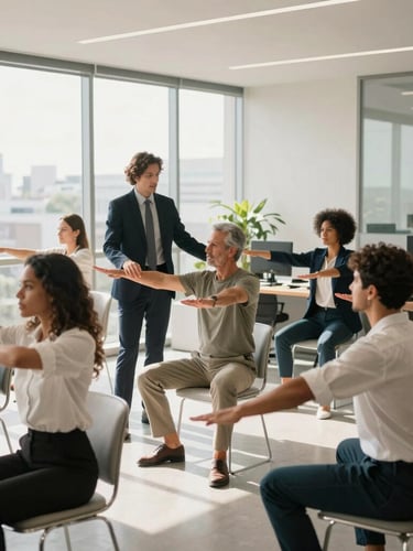 Wide environmental shot of a modern, sunlit corporate office in Brazil. A professional instructor gently guides a group of diverse office workers in elegant business casual attire through a physical alignment exercise. Soft natural window light, clean workspace background.