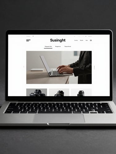 Straight-on clean mockup of a responsive business website displayed on a sleek modern laptop, high contrast, crisp studio lighting, deep shadows.