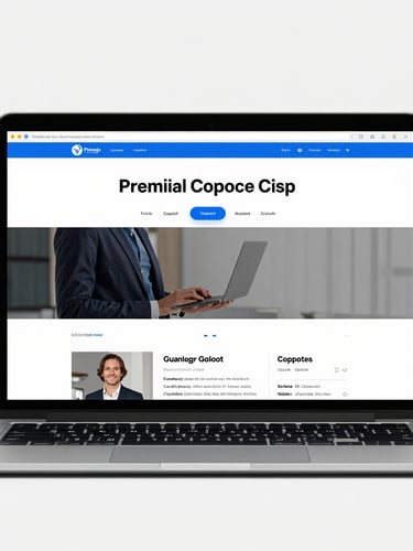 Crisp straight-on mockup of a premium corporate homepage displayed on a modern laptop screen, electric blue UI accents, clean white background.