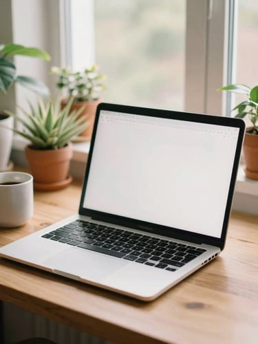 Warm editorial photography of a clean preowned laptop on a wooden desk surrounded by potted plants, a ceramic coffee mug, soft morning window light, 35mm film look