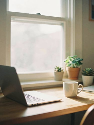 Warm, diffused morning window light on a cozy home office desk with a clean laptop, a ceramic mug, and small potted plants, 35mm look.