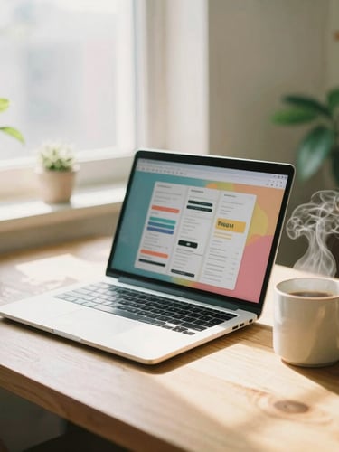A warm, sunlit wooden desk with a laptop displaying a colorful digital flyer, a ceramic mug with steam rising, potted green plants, diffused morning light, 35mm film look.