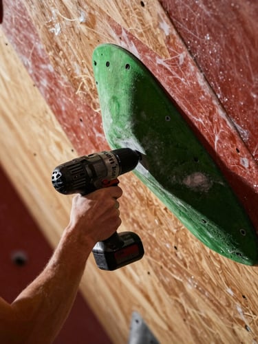 A professional routesetter using an impact driver to bolt a large green Padoo sloper onto a steep plywood climbing wall, dramatic side-lighting, macro detail