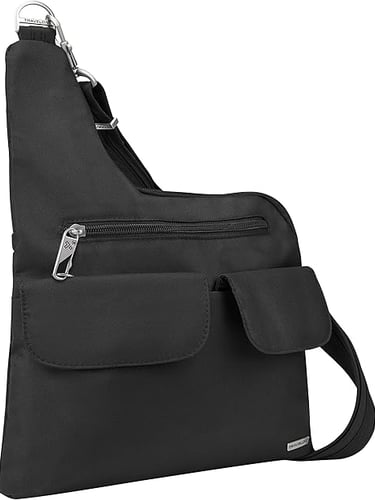 a black cross body bag with a zippered shoulder strap