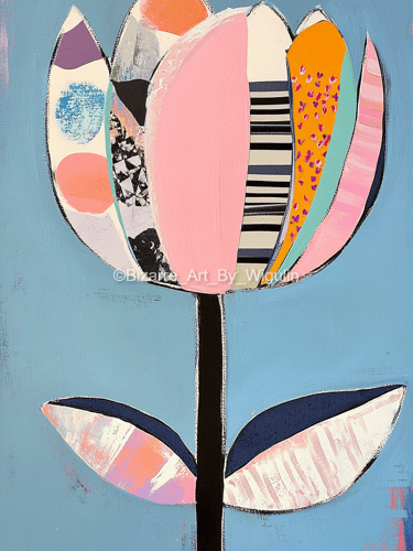 an abstract painting of a flower with a blue background