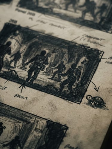 Moody cinematic film production still, extreme close-up of a director's hand-drawn storyboard with a tiny whimsical turtle sketched in the margin, low-key dramatic lighting, deep shadows, ivory tones