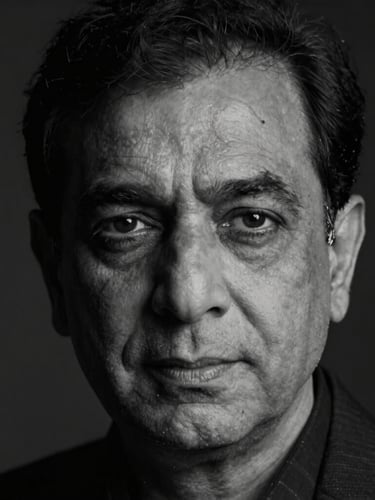 High-contrast black and white close-up of film producer Narendra Jetley, moody low-key cinematic lighting, deep shadows, professional and artistic feel, anamorphic widescreen format
