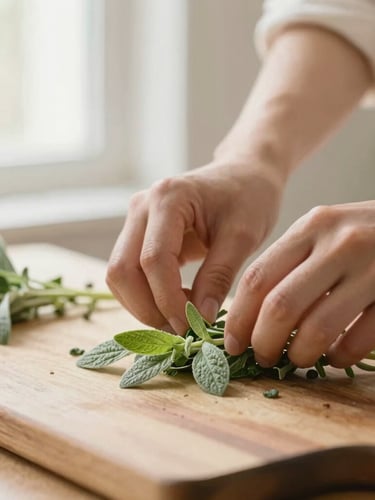 Close-up of hands preparing fresh herbs on a rustic wooden cutting board, soft diffused window light, warm cream and sage tones, shallow depth of field