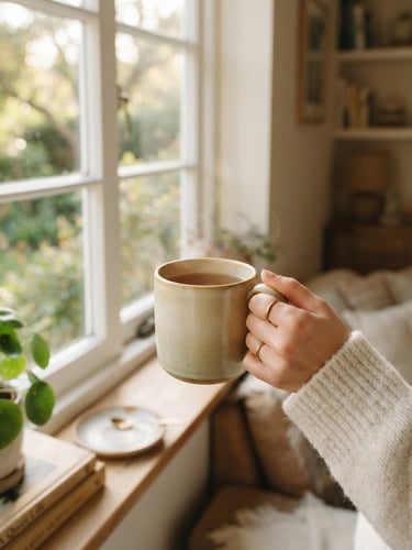 Warm editorial photography of a hand holding a soft ceramic mug of tea next to a window with gentle morning light, shallow depth of field, 35mm